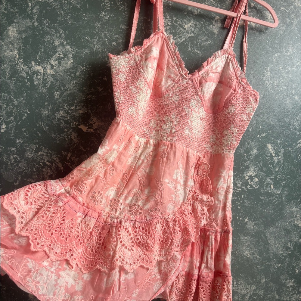 LoveShackFancy coral/ Pink and Cream Textured dress